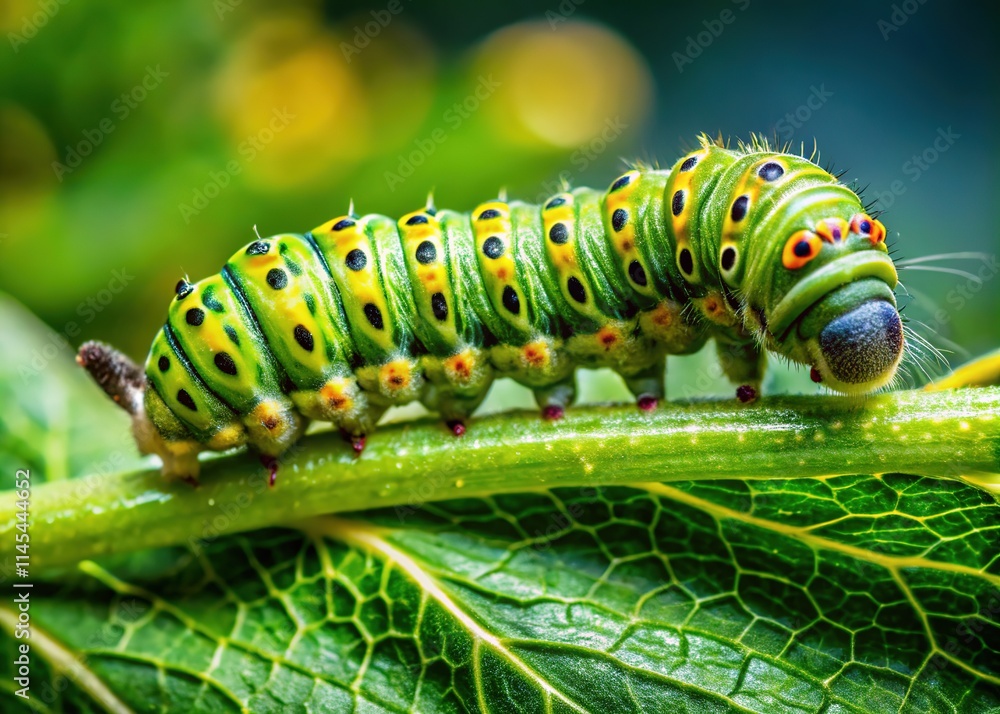 Fototapeta premium Green Caterpillar on Cultivated Plant - Macro Pest Control
