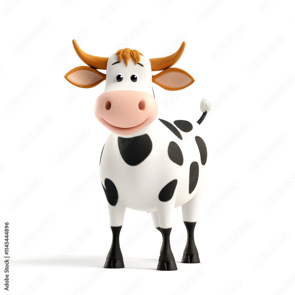 A cute cartoon cow with a smiling face, black and white spots, and large expressive eyes, standing cheerfully. A cute cartoon cow with a smiling face, black and white spots, and large expressive eyes, standing cheerfully.