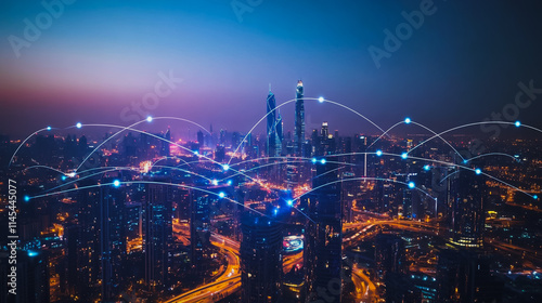 Wallpaper Mural Smart digital Innovation city with connection network reciprocity over the cityscape. of future smart wireless city and social media networking systems that connects business people with in city Torontodigital.ca