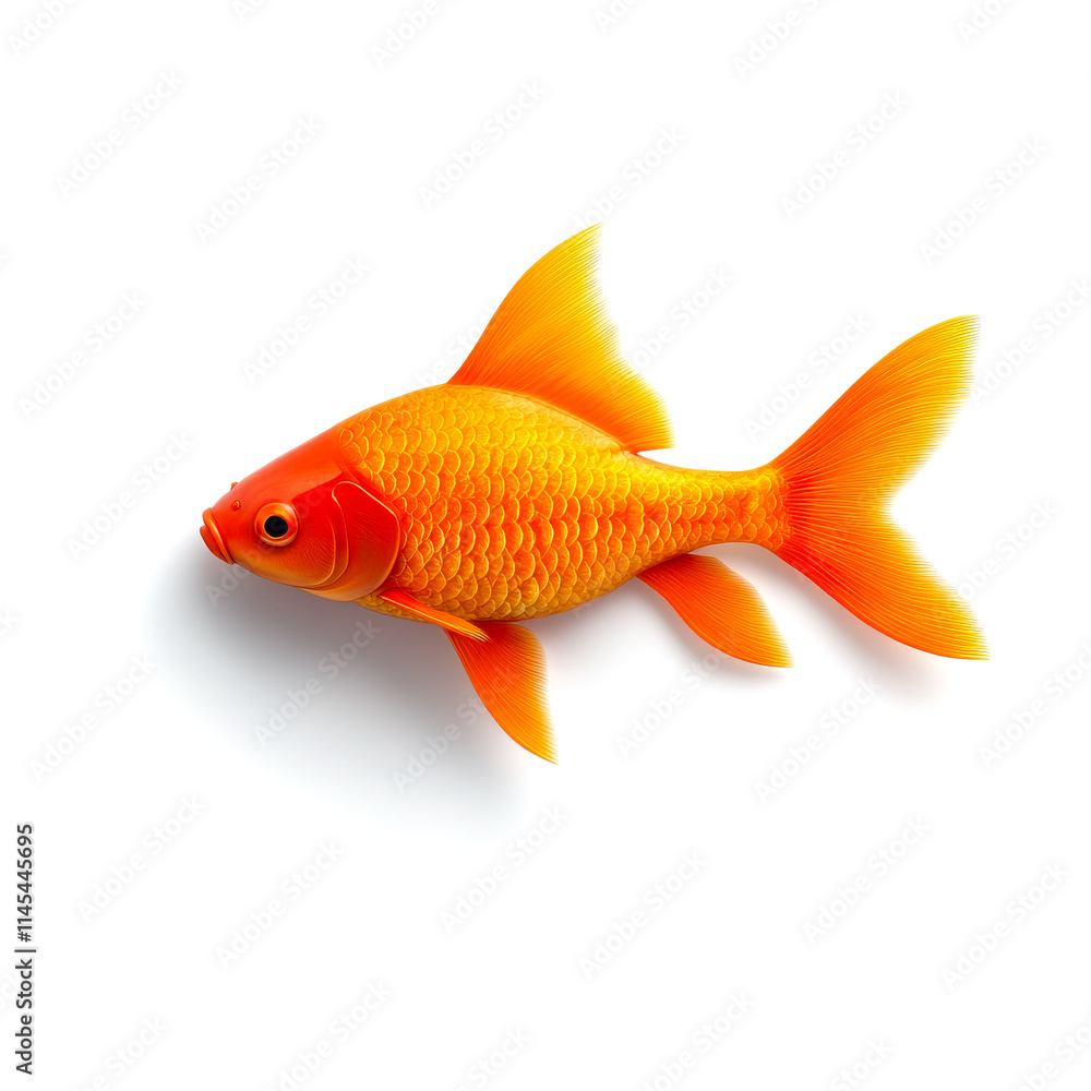 A vibrant orange goldfish, showcasing its fins and scales, swimming gracefully against a clean white background. A vibrant orange goldfish, showcasing its fins and scales, swimming gracefully against a clean white background.