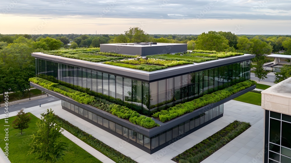 Green Roof Modern Building Aerial View - Sustainable Architecture Green Roof Modern Building Aerial View - Sustainable Architecture