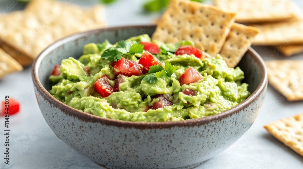 Creamy Guacamole with Crackers: A vibrant bowl of homemade guacamole, garnished with fresh tomatoes and cilantro, is served with crispy crackers. Perfect for parties, gatherings, or a simple snack. Creamy Guacamole with Crackers: A vibrant bowl of homemade guacamole, garnished with fresh tomatoes and cilantro, is served with crispy crackers. Perfect for parties, gatherings, or a simple snack.