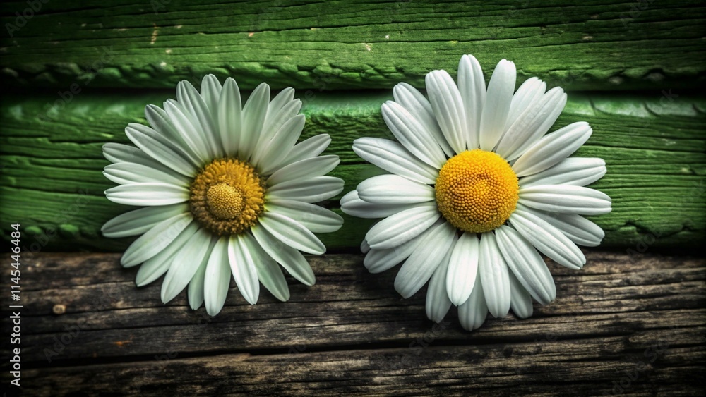Obraz premium Cute white daisy chamomile flower icons on a green background, flat design