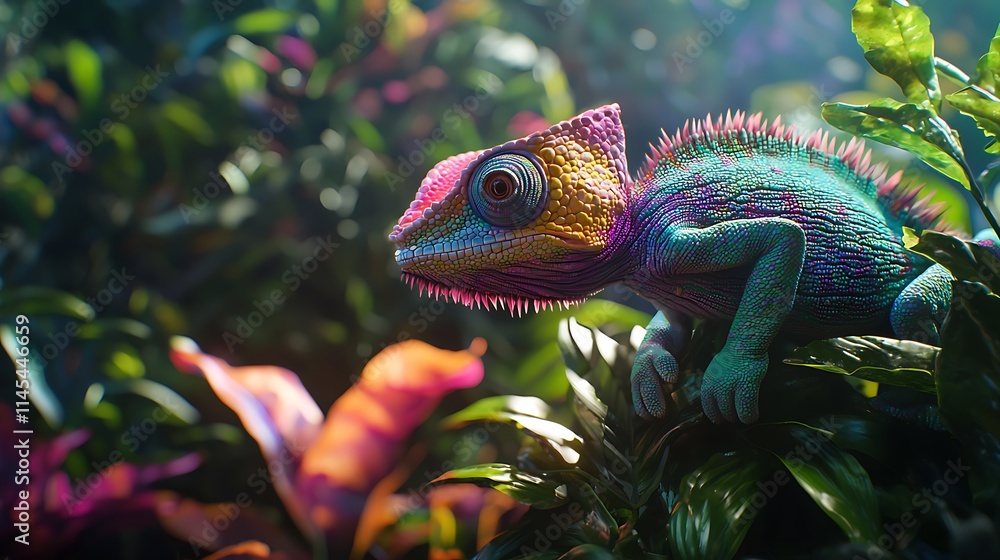 A colorful lizard is perched on a leafy green bush A colorful lizard is perched on a leafy green bush
