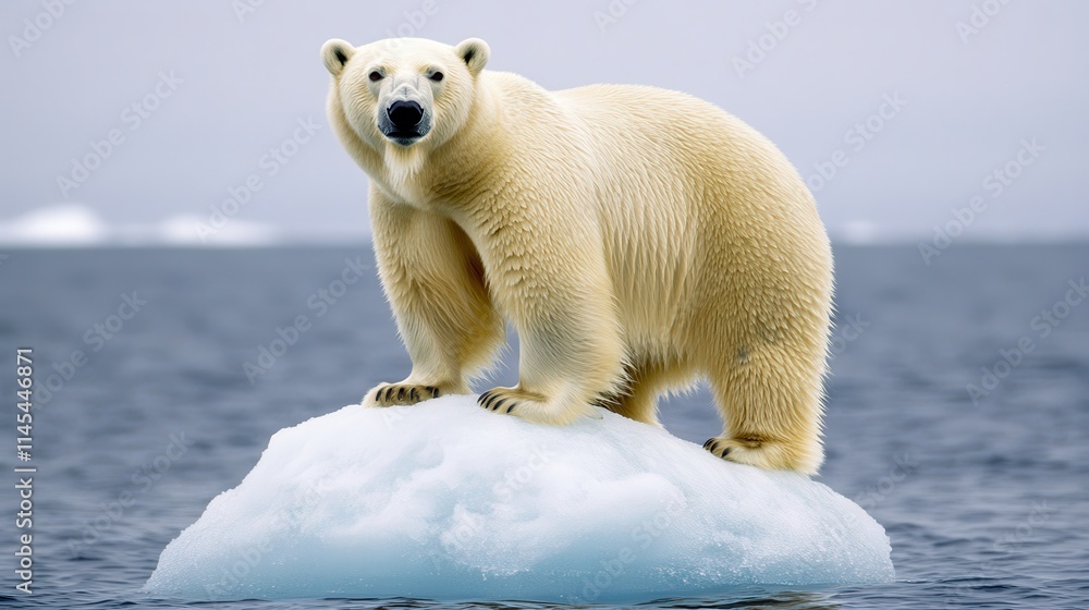 A lone polar bear standing on a rapidly melting iceberg, surrounded by open ocean. The scene emphasizes the effects of global warming on arctic wildlife and ecosystems. A lone polar bear standing on a rapidly melting iceberg, surrounded by open ocean. The scene emphasizes the effects of global warming on arctic wildlife and ecosystems.