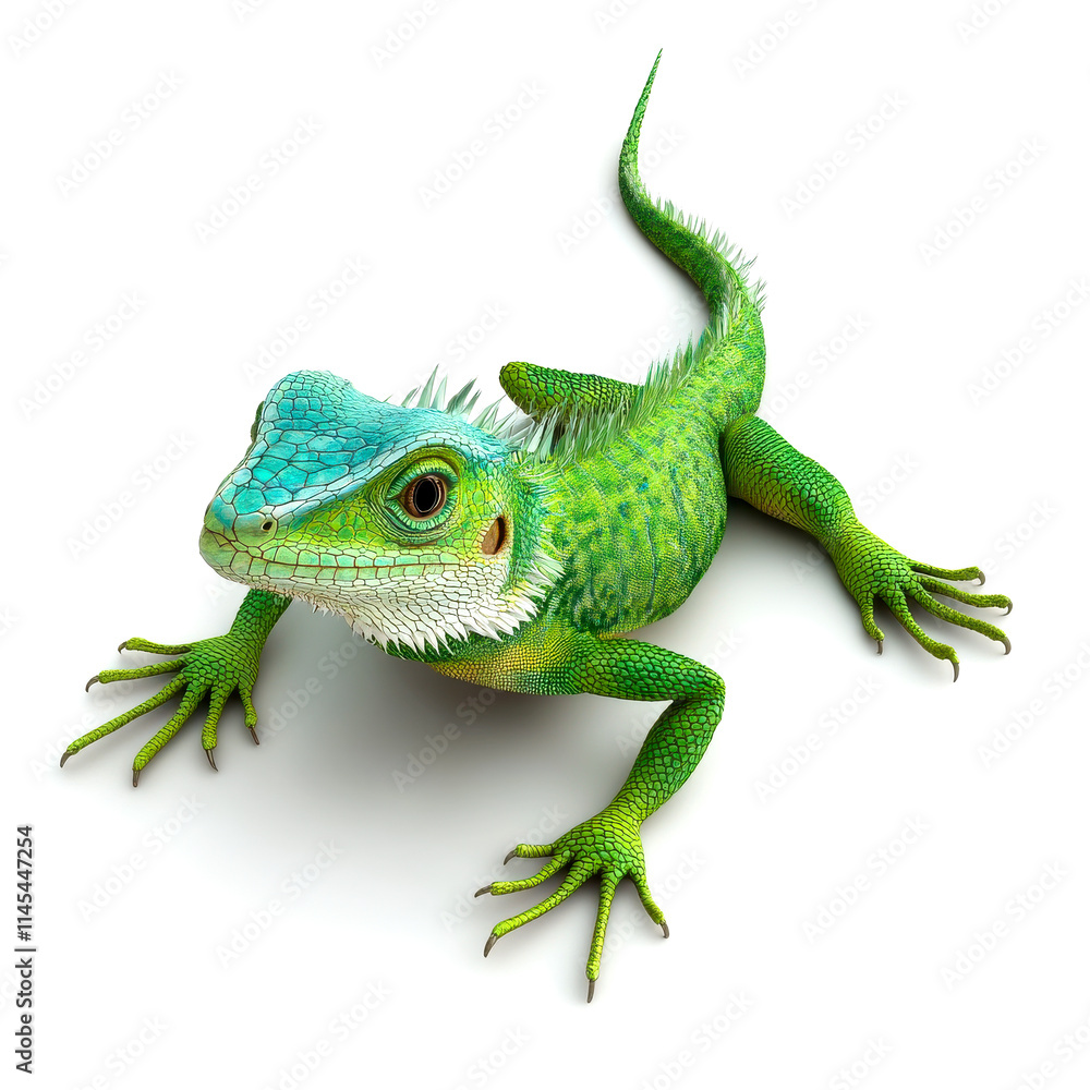 Fototapeta premium A vibrant green lizard with a blue head, showcasing intricate textures and colors, poses against a white background.