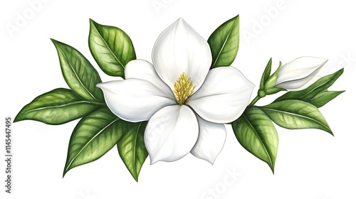 Elegant White Magnolia Flower with Lush Green Leaves and Buds, Perfect for Floral Designs, Greeting Cards, and Decorative Artworks