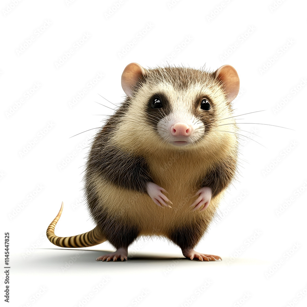 A cute, animated opossum stands upright, showcasing its round body, large eyes, and small paws against a plain background. A cute, animated opossum stands upright, showcasing its round body, large eyes, and small paws against a plain background.