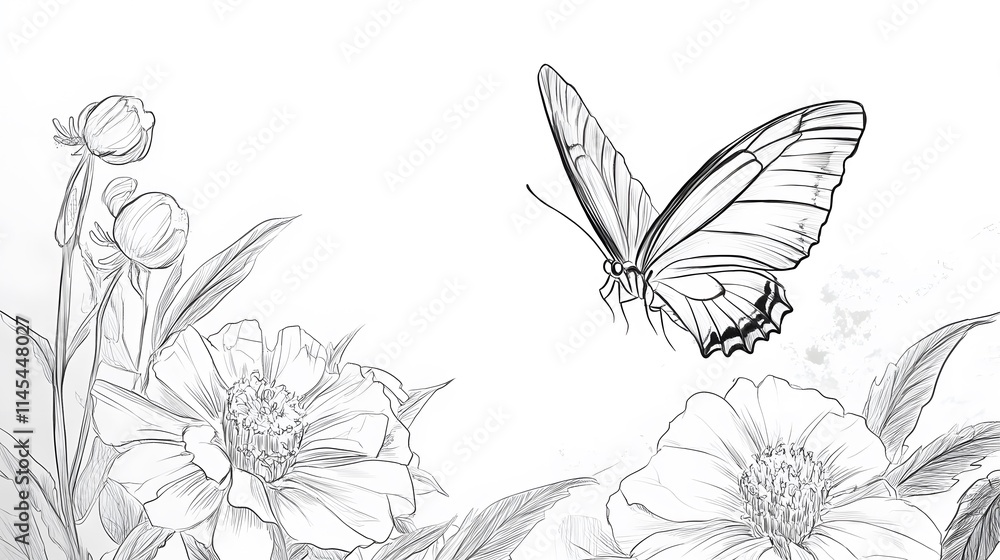 Obraz premium A simple line art of a butterfly fluttering above a flower