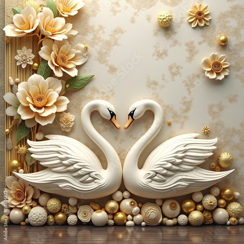 Wallpaper Mural An HD 3D printable wallpaper design featuring golden beautiful flowers and elegant swans set against an abstract texture background,luxurious elements create a sophisticated wall decor  Torontodigital.ca