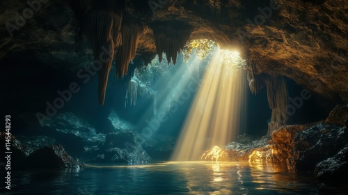 Serene Underwater Cave Illuminated by Sunlight Streaming Through Opening