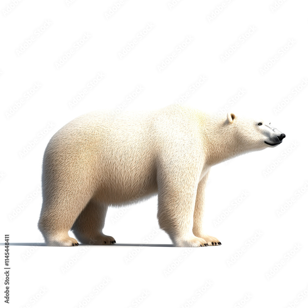 A side profile of a fluffy, white polar bear standing, showcasing its distinctive features and large size against a plain background. A side profile of a fluffy, white polar bear standing, showcasing its distinctive features and large size against a plain background.