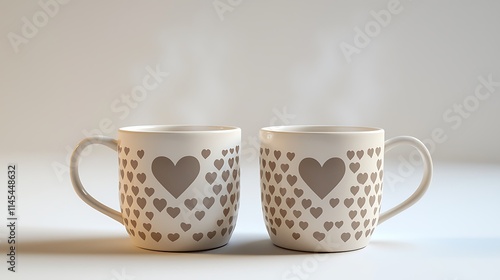 Two white coffee mugs with hearts on them sit on a table photo