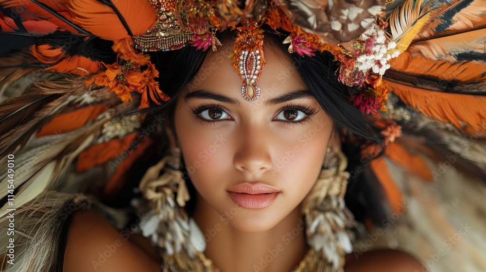 Portrait of a woman adorned with vibrant feathers. Portrait of a woman adorned with vibrant feathers.
