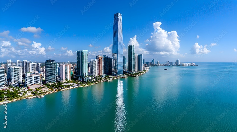 Naklejka premium Miami Skyline Aerial View, Cityscape, Ocean - Aerial photography