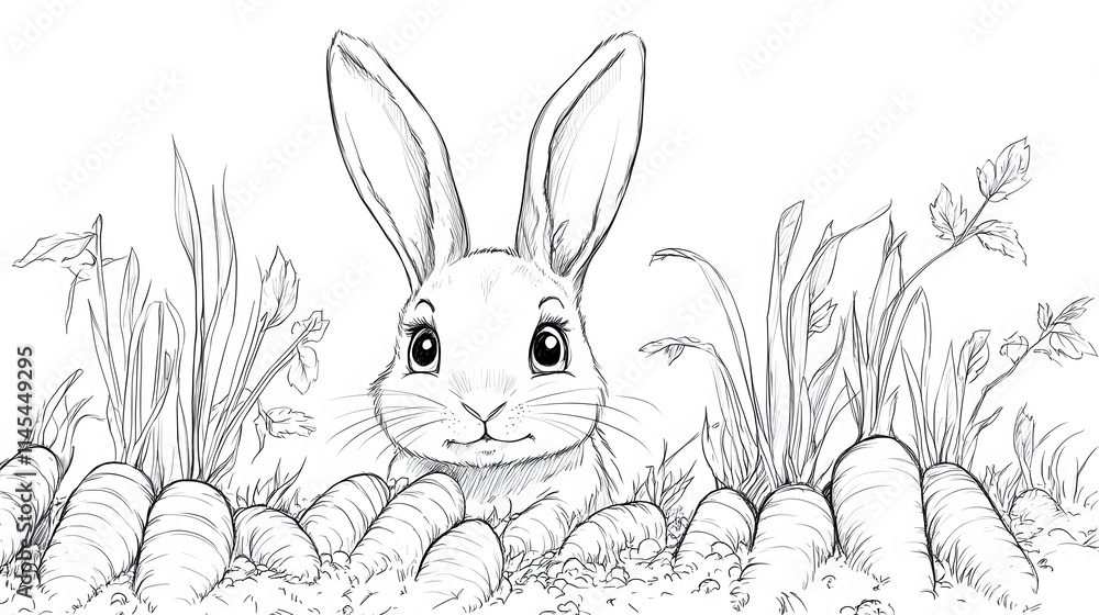 A cute bunny peeking out from a patch of carrots, drawn in line art A cute bunny peeking out from a patch of carrots, drawn in line art