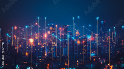 Wallpaper Mural Smart digital Innovation city with connection network reciprocity over the cityscape. of future smart wireless city and social media networking systems that connects business people with in city Torontodigital.ca