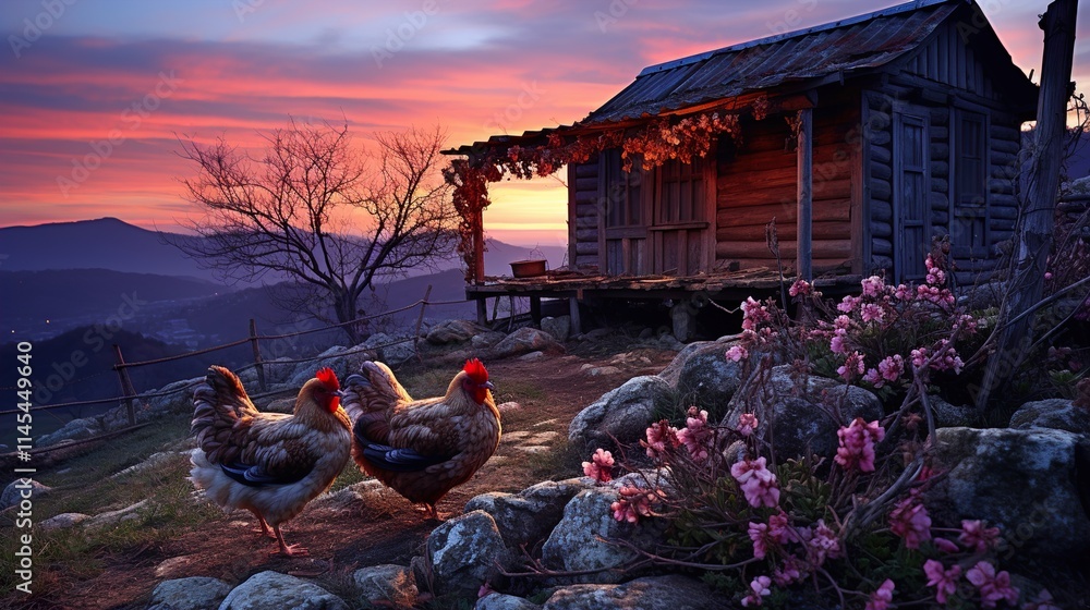 Obraz premium twilight, old hut with chicken legs, rural area HD 8K wallpaper Stock Photographic Image