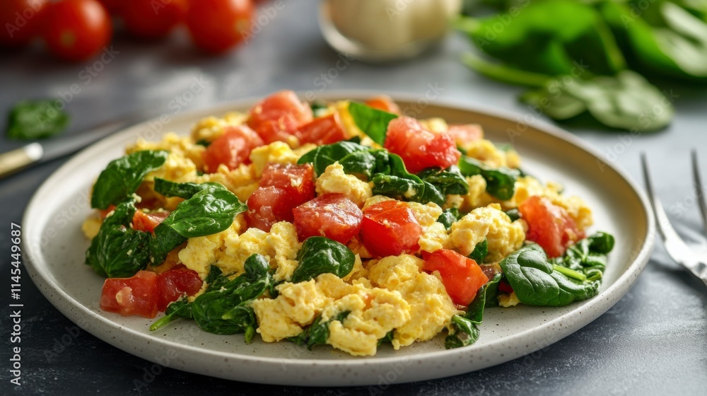 Scrumptious Spinach and Tomato Scramble: A mouthwatering photo of a perfectly cooked scrambled egg breakfast with fresh spinach and cherry tomatoes, ready to fuel your day. Scrumptious Spinach and Tomato Scramble: A mouthwatering photo of a perfectly cooked scrambled egg breakfast with fresh spinach and cherry tomatoes, ready to fuel your day.