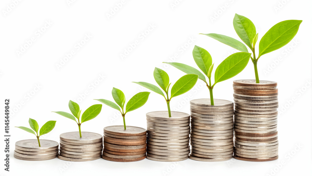 Stack of coins sprouting green leaves with soft bokeh background and copy space concept as A soft abstract image shows a stack of coins from which green leaves are sprouting set against a soft bokeh b Stack of coins sprouting green leaves with soft bokeh background and copy space concept as A soft abstract image shows a stack of coins from which green leaves are sprouting set against a soft bokeh b
