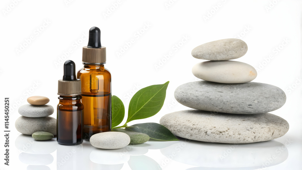 Sophisticated Essential Oil Bottles on Glossy Background with Pebbles and Copy Space Sophisticated Essential Oil Bottles on Glossy Background with Pebbles and Copy Space