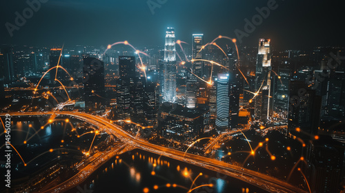 Smart digital Innovation city with connection network reciprocity over the cityscape. of future smart wireless city and social media networking systems that connects business people with in city