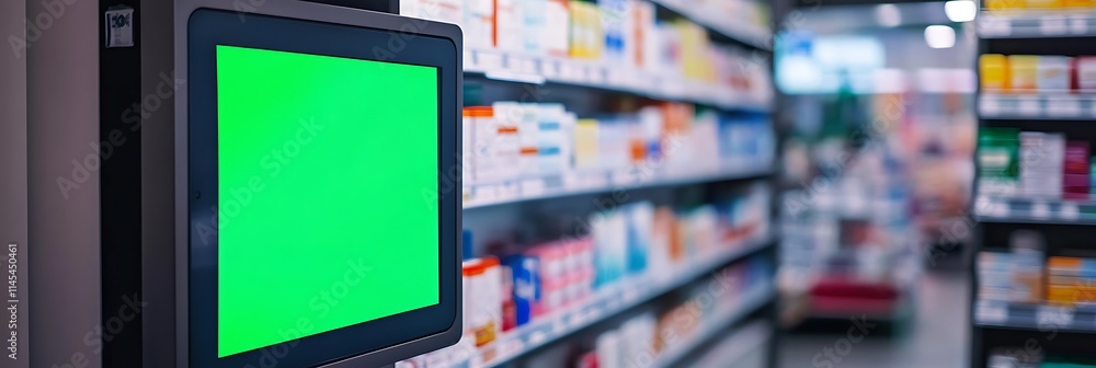 Digital Kiosk with chroma key green screen in a pharmacy with blurred shelves background Digital Kiosk with chroma key green screen in a pharmacy with blurred shelves background