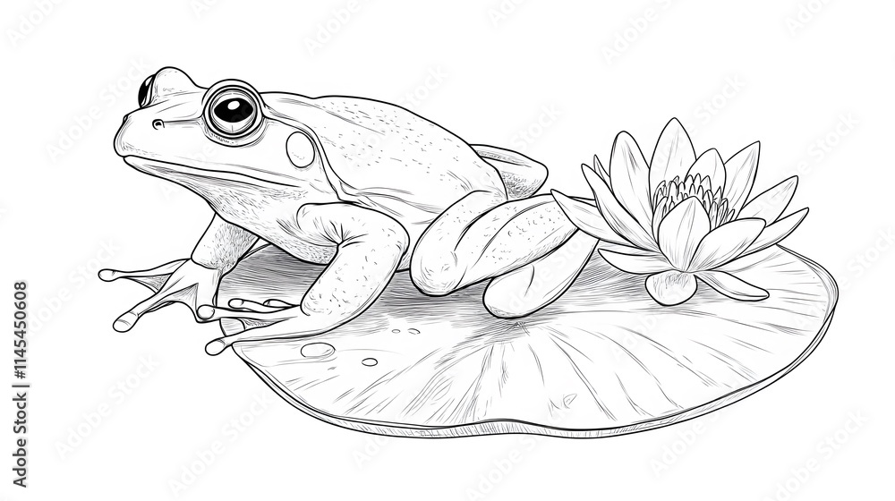 Naklejka premium A simple line art drawing of a frog sitting on a lily pad