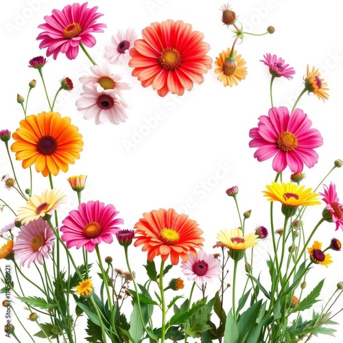 Beautiful colorful blooming wild flowers isolated on a white background flower frame with a text space frame isolated frame border design background isolated