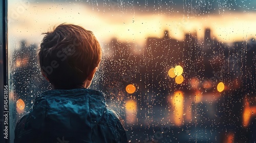 Child peering through a raindrenched window, vibrant city lights outside, evoking curiosity and longing, anticipation, emotion, journey photo