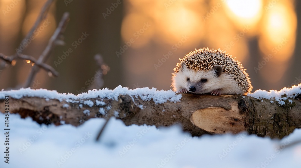 A hedgehog resting on a snow-covered log in a serene winter setting. A hedgehog resting on a snow-covered log in a serene winter setting.