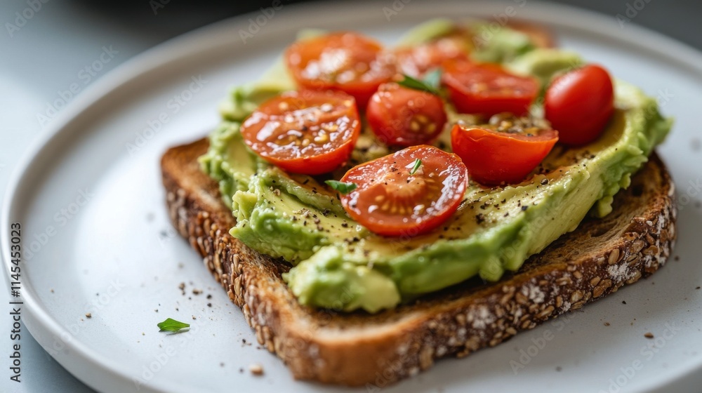 Avocado Toast with Cherry Tomatoes: A delectable and healthy breakfast option. A perfectly toasted slice of whole-wheat bread is topped with creamy avocado and juicy cherry tomatoes. Avocado Toast with Cherry Tomatoes: A delectable and healthy breakfast option. A perfectly toasted slice of whole-wheat bread is topped with creamy avocado and juicy cherry tomatoes.