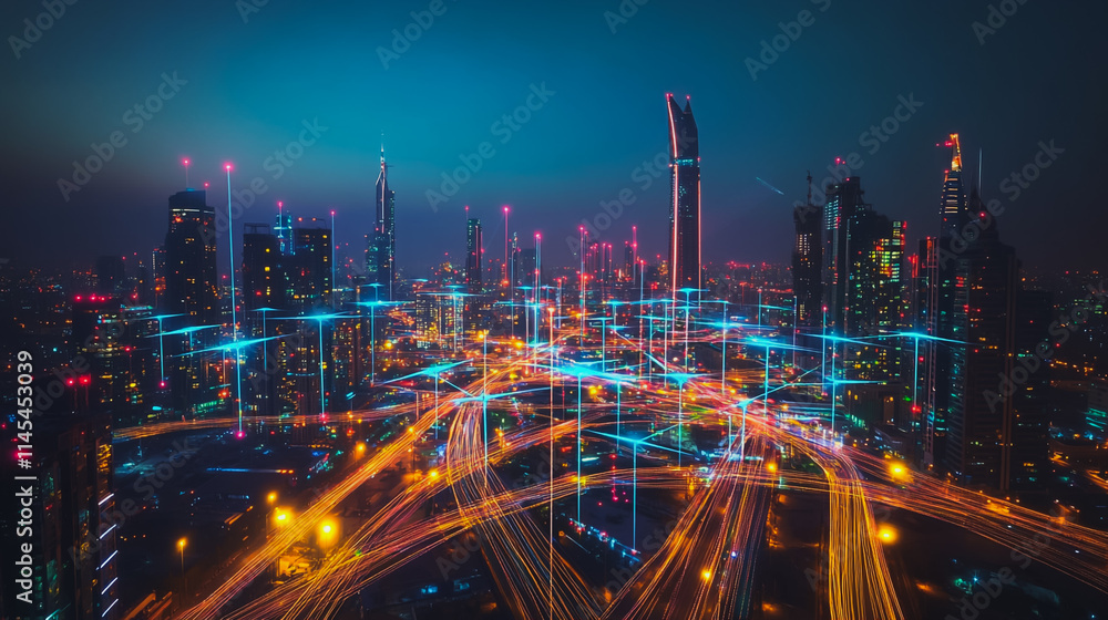 Fototapeta premium smart, digital, city, connection, network, innovation, reciprocity, cityscape, concept, Smart digital Innovation city with connection network reciprocity over the cityscape. of future smart wireless c