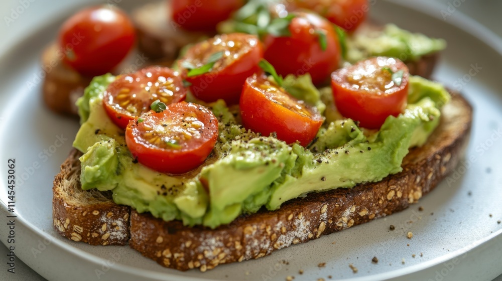 Avocado Toast with Cherry Tomatoes: A simple yet elegant breakfast or brunch option, featuring perfectly ripe avocado spread on toasted bread and topped with vibrant cherry tomatoes. Avocado Toast with Cherry Tomatoes: A simple yet elegant breakfast or brunch option, featuring perfectly ripe avocado spread on toasted bread and topped with vibrant cherry tomatoes.