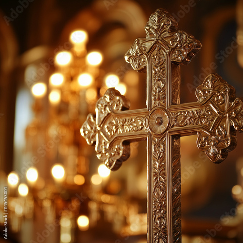 Beautiful close-up of an ornate Orthodox cross, detailed carvings, soft warm lighting, reverent and elegant photo