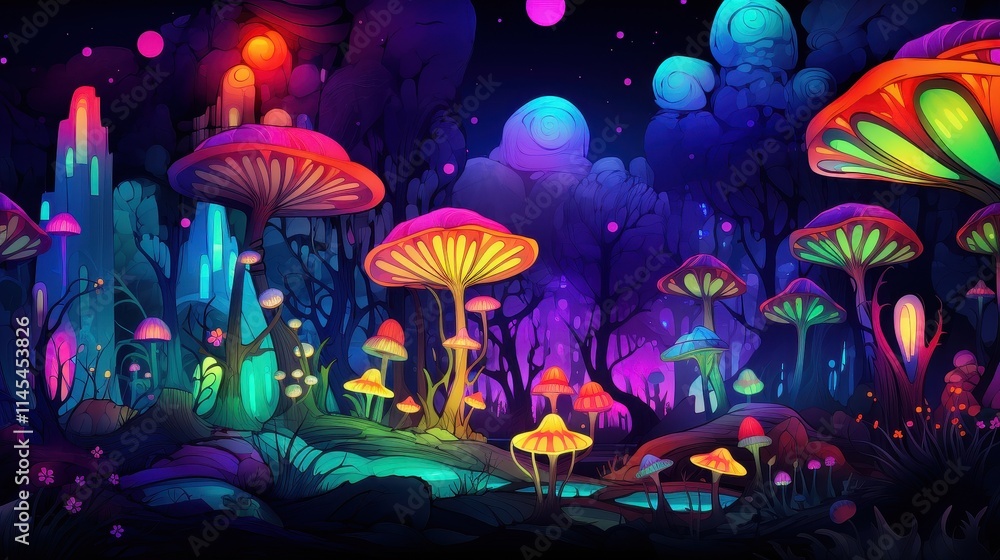 Vibrant Neon Mushrooms Glow in Enchanted Forest Vibrant Neon Mushrooms Glow in Enchanted Forest