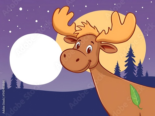 Smiling moose stands softly at night digital painting cartoonish style. AI Generated photo