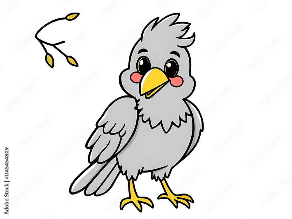 Cute bird illustration minimalist art with small branch floating on white.. AI Generated Cute bird illustration minimalist art with small branch floating on white.. AI Generated
