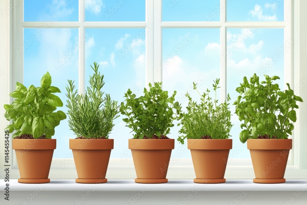 Five potted herbs sit on a windowsill. Perfect for cooking, home décor, or gardening themes. Five potted herbs sit on a windowsill. Perfect for cooking, home décor, or gardening themes.