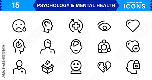 Mental Health & Psychology Icon Set, Professional Illustrations for Therapy, Wellness, and Emotional Awareness Projects.