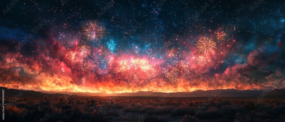 A grand fireworks show over a serene desert landscape. The bright lights contrast beautifully, Generative AI A grand fireworks show over a serene desert landscape. The bright lights contrast beautifully, Generative AI