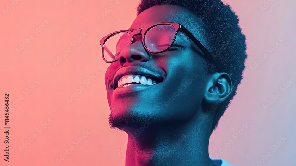 Young Man with Radiant Smile and Stylish Glasses in Colorful Light Young Man with Radiant Smile and Stylish Glasses in Colorful Light