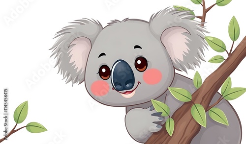 Animated koala gently clings to tree branch cute digital painting style. AI Generated photo