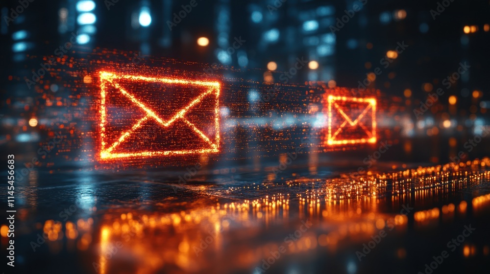 Fototapeta premium Digital email icons glowing in a cityscape.