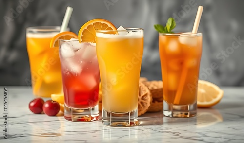 Refreshing iced drinks vividly displayed wide shot photo.. AI Generated