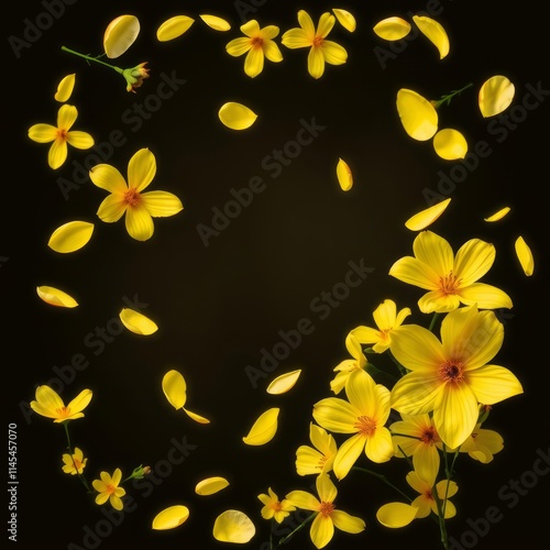 Overlay with isolated flying yellow flowers and petals on transparent backgropund floral border frame isolated frame border design background isolated photo