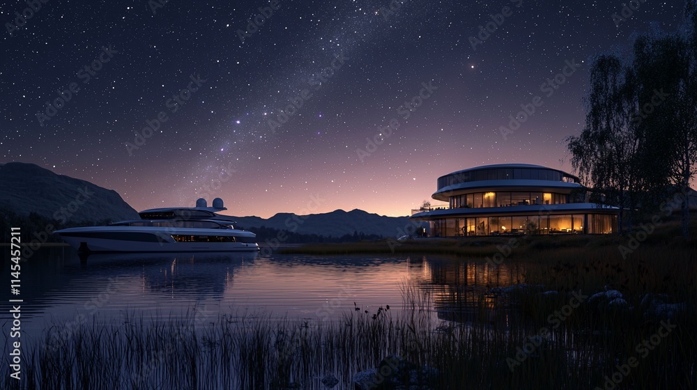 Fototapeta premium Futuristic lakeside mansion at night with yacht.