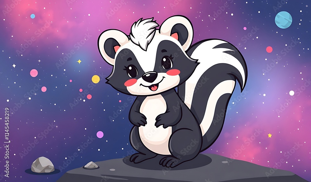 Fototapeta premium Cute skunk posing in starry space digital painting cartoonish style. AI Generated