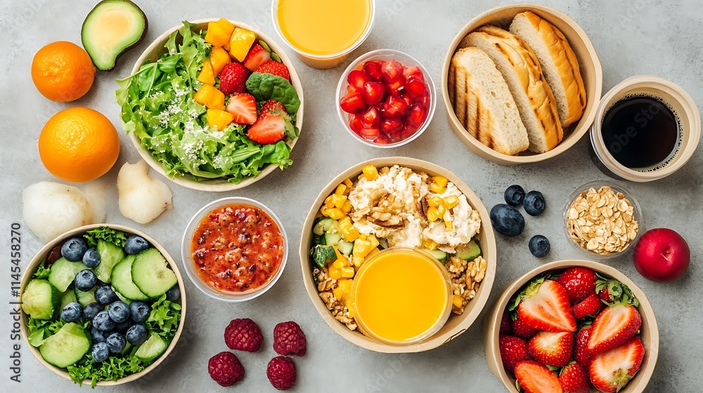 Various foods in bowls, top view photo.. AI Generated Various foods in bowls, top view photo.. AI Generated