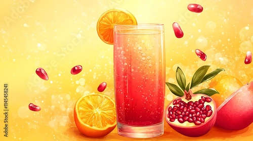 Vibrantly colored digital painting of fruit drink with falling seeds realistic style. AI Generated